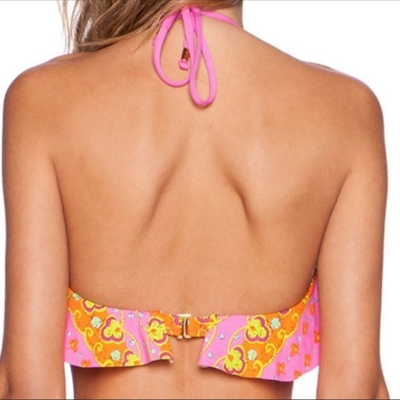 EUC - Trina Turk Pinkberry Woodblock Flounce Halter Neck Bikini Top - size 6 - Picture 2 of 8